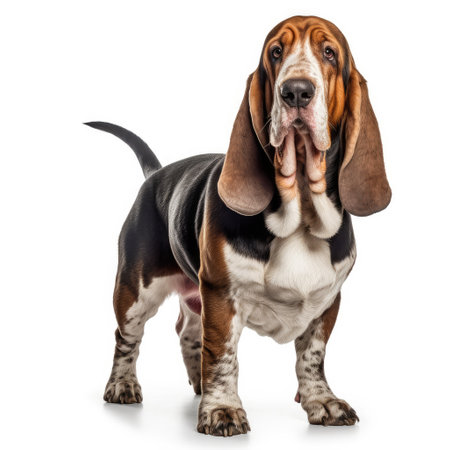 Basset Hound dog standing and looking up, isolated on white backgroundの素材