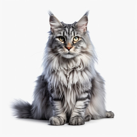Gray Maine Coon cat sitting in front of a white background.の素材