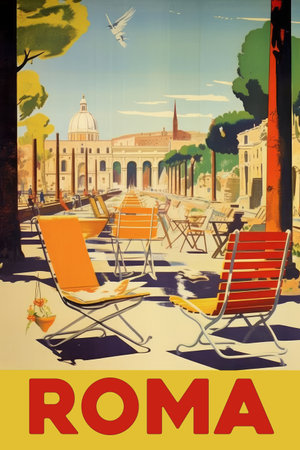 Vintage poster with a view of room, Italy, with chairsの素材