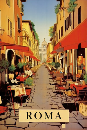 vintage travel poster, View of a street in Rome, Italy.の素材