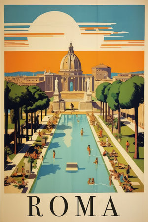 vintage Rome postcard, vintage travel poster, view of a swimming pool with San Pietro in the backgroundの素材