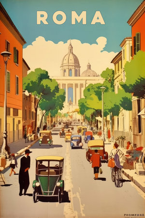Vintage Rome Tourists poster, walk along the streets towards San Pietro. Rome is the capital of Italy.の素材