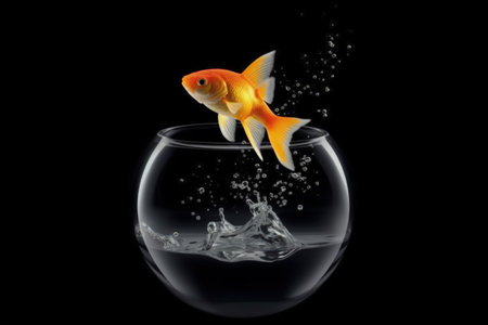 Goldfish trying to jump out of the glass bowl with water splash isolated on black backgroundの素材