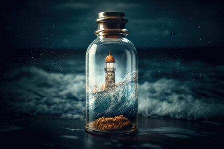 Small lighthouse in a glass jar on the beach during a stormの素材
