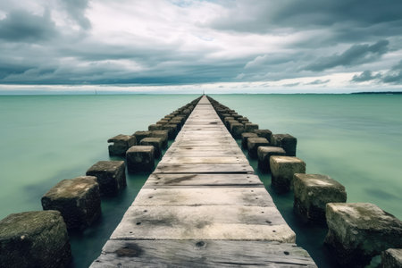 Wooden pier in the sea with dramatic cloudy sky - retro vintage effectの素材
