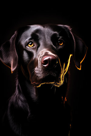 Portrait of a black labrador retriever on a black background, back studio lightの素材