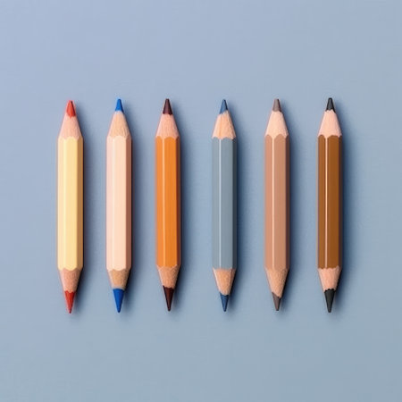 set of Colored short pencils isolated on a blue background. Flat lay, top view. desk elementsの素材
