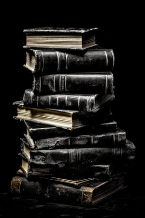 Pile of old books on a black background. Toned.の素材