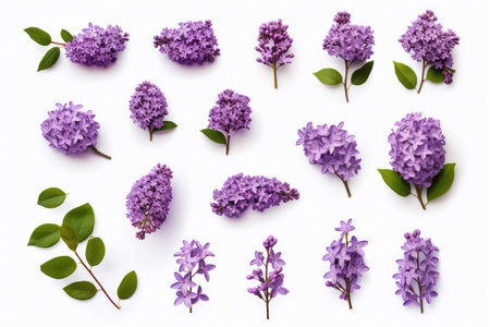 Set of small Lilac flowers isolated on white background. Flat lay, top viewの素材