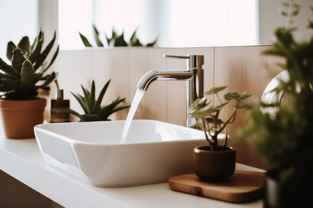 Modern faucet with sink and houseplants on shelf in bathroom, commercial shotの素材