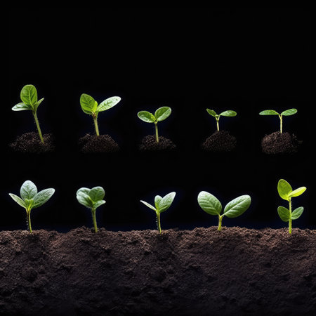 Set of Green seedling illustrating concept of new life and begin to grow from seed, from smallest to tallest, isolated on black backgroundの素材