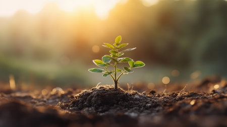 Plant seedling growing on fertile soil at sunset. Nature backgroundの素材