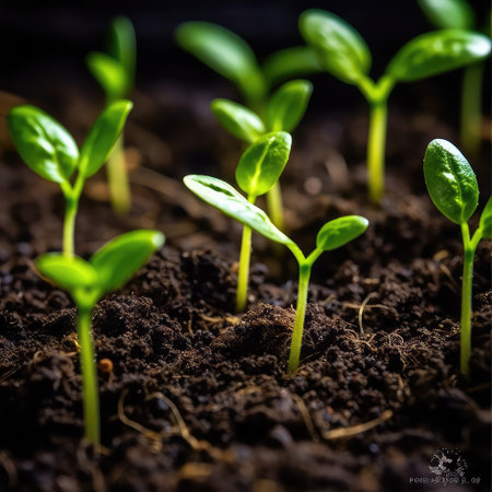 Green seedling illustrating concept of new life and natural growing from seed, top angled view, small green plants in the soilの素材