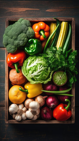 Fresh vegetables in a wooden box on a dark wooden background, top viewの素材