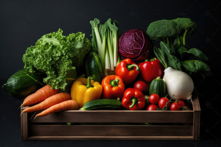 Wooden box with fresh organic vegetables on dark background. Healthy food concept.の素材