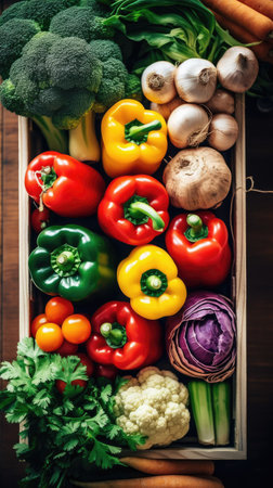 Fresh vegetables in wooden box. Healthy food background. top view. Selective focus.の素材