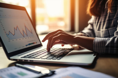 Businesswoman analyzing investment charts with laptop in office. Business and finance concept.の素材