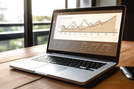 Laptop screen with business graph on wooden table, stock market conceptの素材
