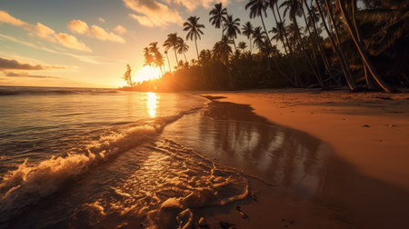 Tropical beach with palm trees at sunset, romantic view, golden hour colorsの素材