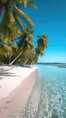 Tropical beach with coconut palm trees and white sand at sunny dayの素材