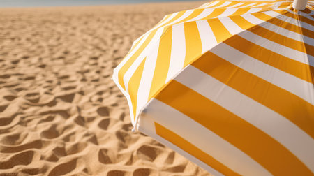 Yellow and white striped parasol on the beach. close up. space for textの素材