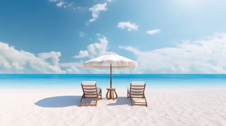 Beach chairs and umbrella on tropical sand beach. realistic illustrationの素材