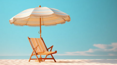Beach chair with parasol on the sand. 3d renderの素材