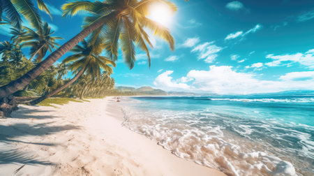 Tropical beach with palm trees and white sand. Stunning Panoramaの素材