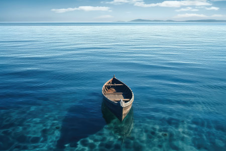 Beautiful seascape with a small boat in the sea. transparent and clear waterの素材