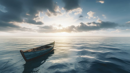 wooden boat lost in the sea at sunset, solitude, abandon conceptの素材