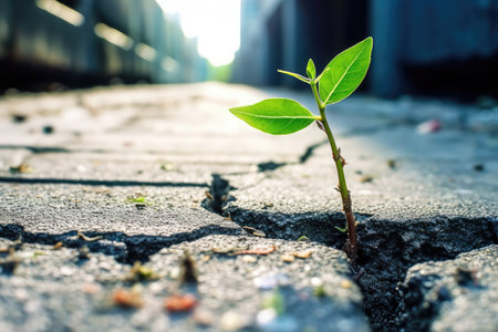 Plant growing on cracked cement floor, Global warming, environment concept Plant growing up through crack in concrete sidewalk. New life in spring.の素材