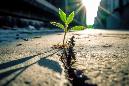 Green sprout growing from crack in dry soil, Global warming concept Plant growing on cracked cement floor, Global warming, environment conceptの素材