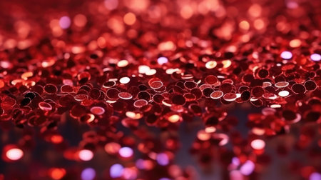 Red sequins background with bokeh defocused lights. Festive abstract background. Ruby glitter bokeh background. Unfocused shimmer red sparkle. Crystal drops wallpaper.の素材