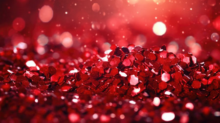 Red sequins background with bokeh defocused lights. Festive abstract background. Ruby glitter bokeh background. Unfocused shimmer red sparkle. Crystal drops wallpaper.の素材
