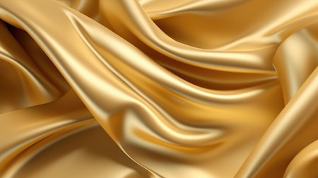 Golden satin background with smooth folds. Satin silk fabric background. Rippling scarf texture. Luxury shiny gold wallpaperの素材