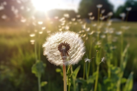 Dandelion on the meadow in the rays of the setting sun, Summer dandelion seed head in the wind. Fluffy flower weed in grass fieldの素材