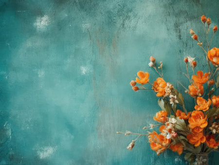 bouquet of orange lilies on torquoise grunge background. copy space. Flower, floral wallpaperの素材