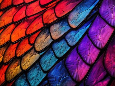 Macro shots, Beautiful nature scenes. Butterfly Wing - closeup butterfly wing red blue purple black. iridescent, background wallpaper textureの素材