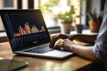 Close up of female hands typing on laptop keyboard, graphs and charts on screen. analyzing investment charts. Accounting and financial concept. Investment and trading concept.の素材