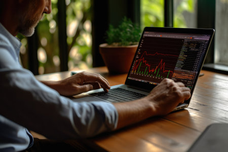 Businessman analyzing investment charts with laptop computer. Investment and trading concept. laptop computer with stock market chart. smart working. Business and financial conceptの素材