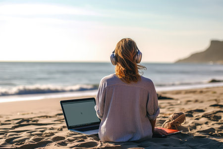 Rear view of a young woman using laptop while sitting on the beach at sunset freelancer girl working remote, Freelance work, online learning, distant work conceptの素材