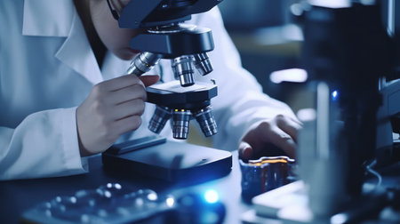 scientist using microscope in laboratory, science research and development concept.の素材