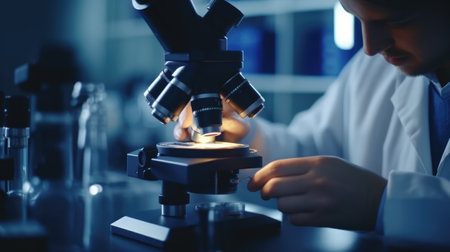 scientist working with microscope in laboratory, science research concept, scientist using microscope for examining samples and liquid, Scientific and healthcare researchの素材