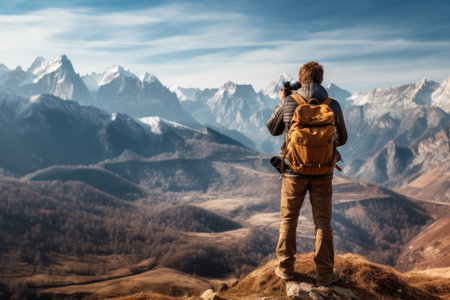 Hiker with backpack taking picture of mountain landscape. Hiking concept Rear view of hiker photographer taking photographs to a breathtaking panoramaの素材