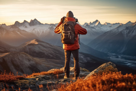 Hiker with backpack taking picture of mountain landscape. Hiking concept Rear view of hiker photographer taking photographs to a breathtaking panoramaの素材