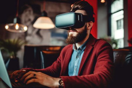 Young man wearing virtual reality goggles. Future technology and entertainment concept.の素材