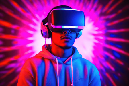 Young african american man using virtual reality headset in neon lightの素材