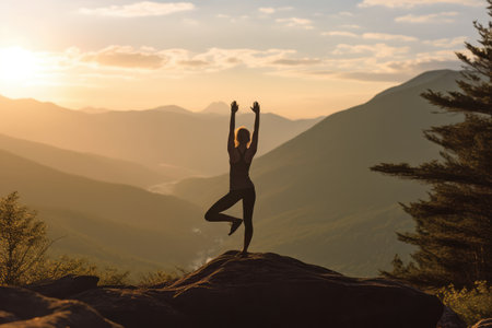 Silhouette of woman practicing yoga on top of a mountain during sunsetの素材