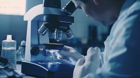 scientist working with microscope in laboratory, science research concept, scientist using microscope for examining samples and liquid, Scientific and healthcare researchの素材