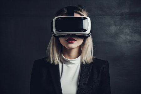 Young woman using virtual reality googles, VR, future gadgets, technology, virtual event, education, learning, Portrait of modern girl using vr glasses over black backgroundの素材